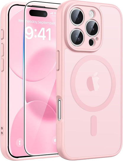 FNTCASE for iPhone 16 Pro Max Case: [Compatible with Magsafe] Translucent Matte Cases with [Full Camera Protection] [Screen Protector] Military Grade Shockproof Protective Phone Cover - Light Pink
