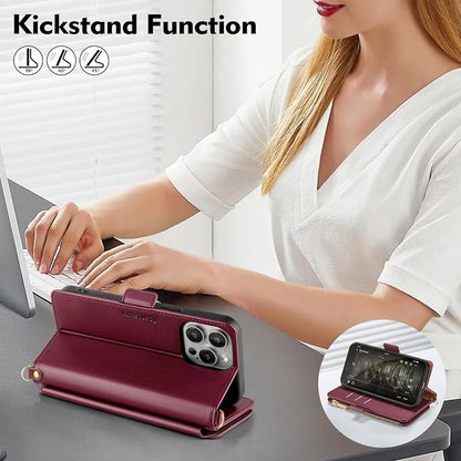 Antsturdy Compatible with iPhone 12 Wallet Case for Women【RFID Blocking】 Crossbody Phone Case PU Leather Zipper with Wrist Strap Flip Cover Credit Card Holder,for Apple 12 Pro 6.1",Wine Red