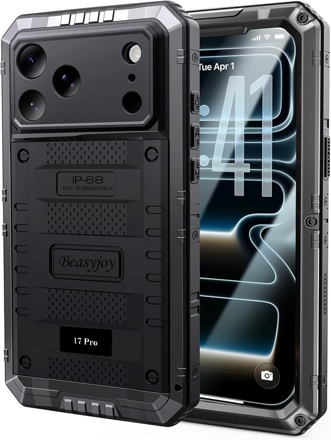 Beasyjoy for iPhone 17 Pro Case Waterproof, Heavy Duty Metal Case with Built-in Screen Protector, Full Body Rugged Military Grade Shockproof Dustproof Cover for Construction Outdoor 6.3", Black