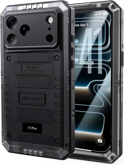 Beasyjoy for iPhone 17 Pro Case Waterproof, Heavy Duty Metal Case with Built-in Screen Protector, Full Body Rugged Military Grade Shockproof Dustproof Cover for Construction Outdoor 6.3", Black