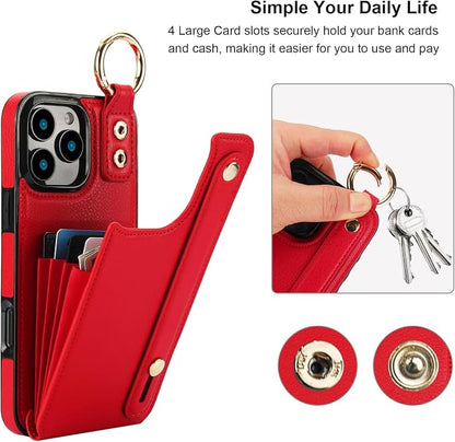 Folosu for iPhone 16 Pro Max Wallet Case with Card Holder, Hand Wrist Strap Loop Holder Kickstand, RFID Blocking Finger Grip Ring PU Leather Double Buttons Shockproof Cover 6.9" Red