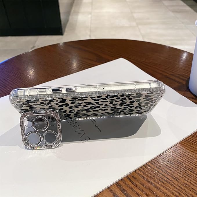 for iPhone 16 pro max Case Glitter Camera Lens Protector Phone Case for Women Girls Aesthetic Design TPU Shockproof Protective Case (Leopard)