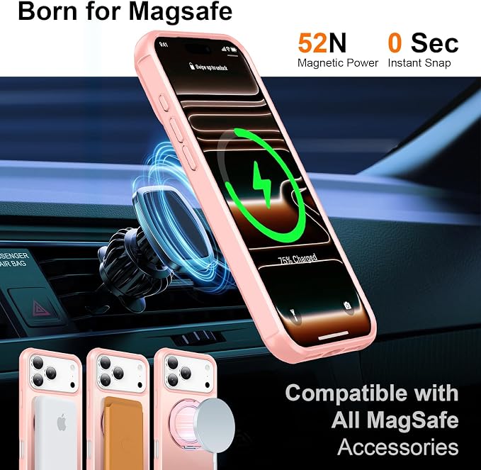360° Magnetic Swivel Ring for iPhone 17 pro case, Built-in Metal Stand and Ring Holder, Magsafe Compatible, Military Grade Protection, Shock and Vibration Resistant- Pink