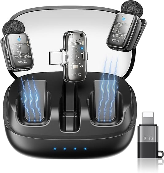 Mini 2 Wireless Lavalier Microphones for iPhone 15/16/17 & Android, 3-Level Noise Reduction, Plug & Play, 36H Battery with Charging Case, Wireless Lapel Mic for Video Recording, Vlogging