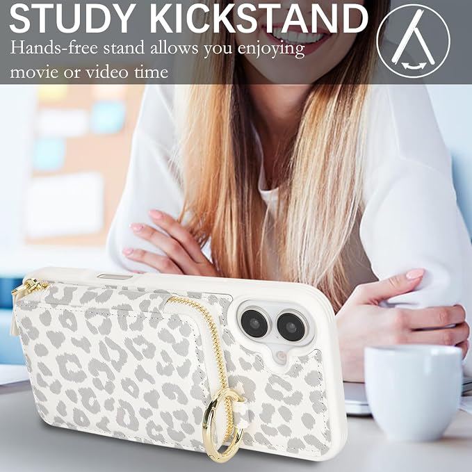 Crossbody Wallet Case for iPhone 17, PU Leather Zipper Handbag Purse Flip Cover, Kickstand Folio Case with Card Slots Holder Wrist Strap Lanyard 5G 6.3 Inch-White Leopard