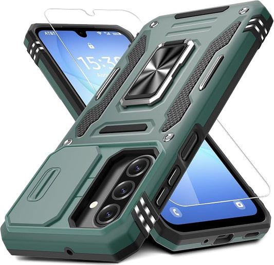 DEERLAMN Case for Samsung Galaxy A17 5G with Slide Camera Cover+Screen Protector (1 Pack), Rotated Ring Kickstand Military Grade Shockproof Protective Cover-Green