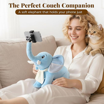 Phone Holder, Phone Mount with 360° Rotating Clip 45° Adjustable Trunk, Elephant Stuffed Animal with Ear Pockets Glasses Cloth Scarf & Back Headphone Fit, Cell Phone Holder for Desk Bed Sofa Car- Blue