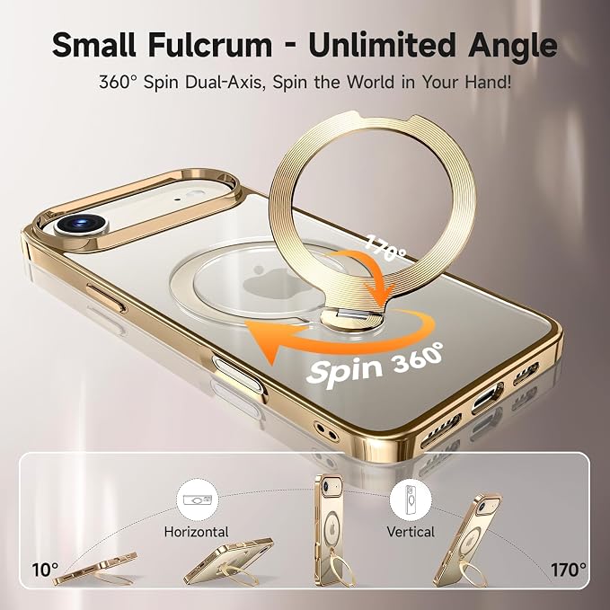 [Tri-Shield Protection] for iPhone Air Case with 360° Spin Stand Compatible with MagSafe [Magnetic CD Ring] [Screen & Camera Lens Protector] Shockproof Plating Never-Yellowing, Gold-6.5"