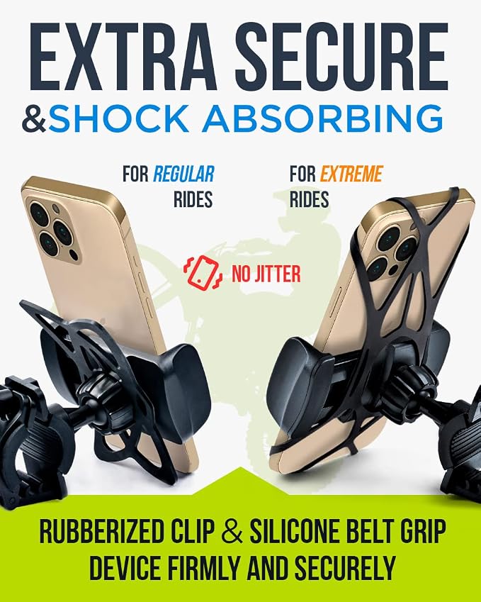 Bike & Motorcycle Phone Mount - for iPhone 16 Pro Max (15, 14, SE, Plus), Galaxy s25 or Any Cell Phone - Universal Handlebar Holder for ATV, Bicycle & Motorbike. +100 to Safeness & Comfort