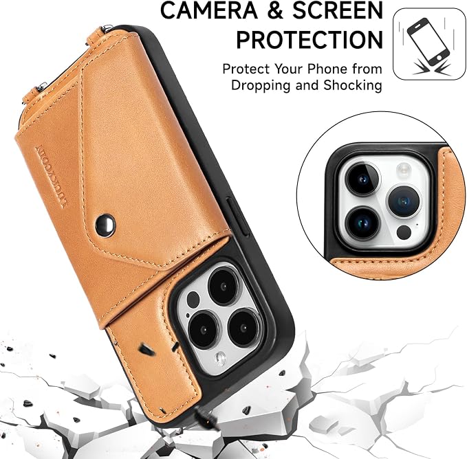 LUCKYCOIN for iPhone 15 Pro Crossbody Wallet Case – Genuine Leather Phone Purse with Adjustable Strap and Card Holder,Lanyard Phone Purse Case for Women,Vintage Tan