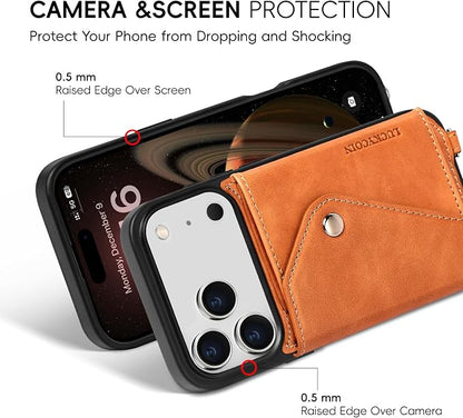 LUCKYCOIN for iPhone 17 Pro Crossbody Wallet Case – Genuine Leather Phone Purse with Adjustable Strap and Card Holder,Lanyard Phone Purse Case for Women,Vintage Brown