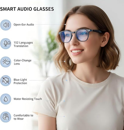 AI Smart 5.4 Bluetooth Glasses with Open Ear Speaker, Voice Assistant Compatible,Real-Time Translation,Auto Color-Changing Lenses for Business&Outdoor Activities.