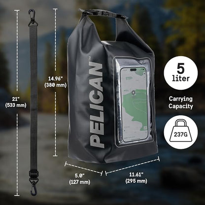 Pelican Marine IP68 Waterproof Dry Bag 5L - Roll Top Waterproof Backpack w/Phone Case/Pouch - Boating & Kayak Accessories - Essentials for Camping Swimming Beach Fishing Rafting Travel - Black