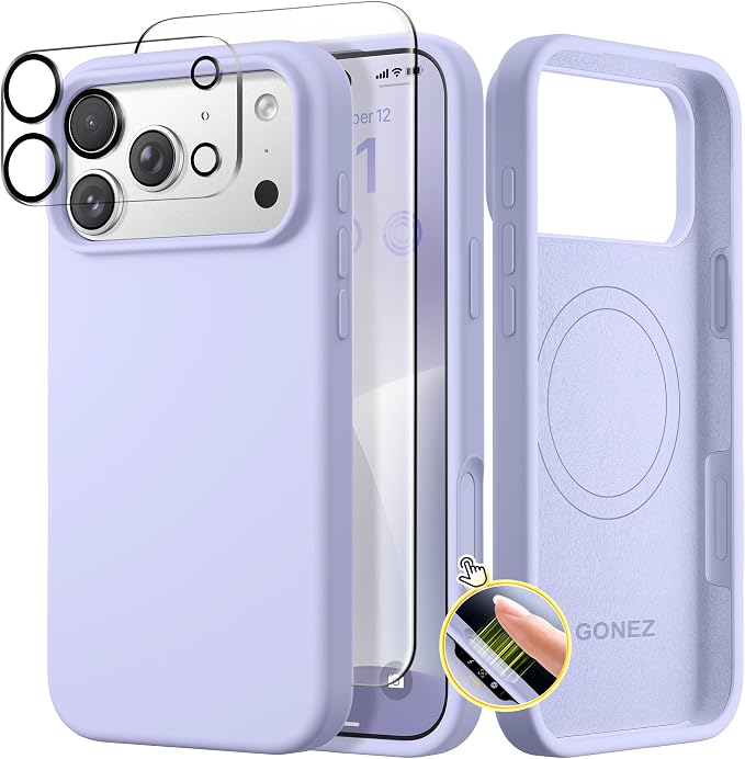 GONEZ Magnetic for iPhone 17 Pro Case, Compatible with MagSafe, [Screen Protector + Camera Lens Protector], Liquid Silicone Anti-Scratch Shockproof Protective Phone Case 6.3 inch, Lilac