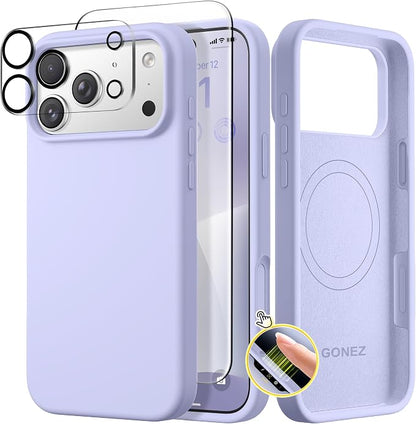 GONEZ Magnetic for iPhone 17 Pro Case, Compatible with MagSafe, [Screen Protector + Camera Lens Protector], Liquid Silicone Anti-Scratch Shockproof Protective Phone Case 6.3 inch, Lilac
