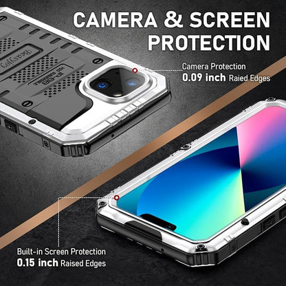 Beasyjoy for iPhone 13 Case Waterproof, Metal Phone Case with Built-in Screen Protector, Heavy Duty Full Body Protective Military Grade Shockproof Rugged Defender Cover 6.1 Inch, Silver