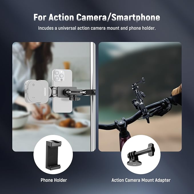 NEEWER Super Clamp with 3" Dual Ballhead Magic Arm, Ball Head Adapter, Cold Shoe, Phone Holder, Action Camera Clamp Mount for Flat/Round Surface Compatible with GoPro DJI iPhone 15 Pro Max, ST85