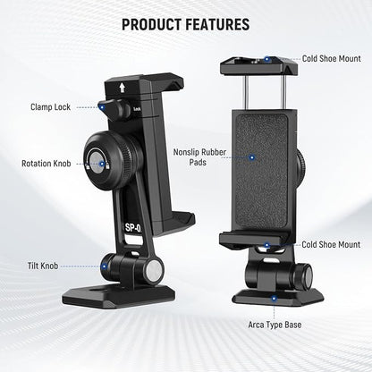 NEEWER SP-02 Phone Tripod Mount Adapter with Arca Type Quick Release Plate Cold Shoe 360° Rotation 180° Tilt Cleaning Cloth, Foldable Holder Compatible with iPhone Android Samsung for Video Recording