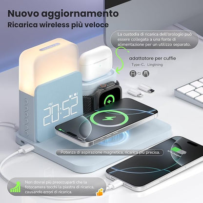 Alarm Clock Charging Station for Bedrooms, 7 in 1 Wireless Charging Station, Magnetic Charger with Night Light Bedside Clock for iPhone 17 16 15 14 13 12 Pro Max, Apple Watch, AirPods (Blue)