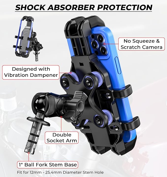 VAZESWIN Motorcycle Fork Stem Phone Mount [Vibration Dampener] [Anti-Shake] One-Handed Operation Motorcycle Cell Phone Holder, Fit 12mm-25.4mm Diameter Fork Stem Tube, for 5.4"-7.2" Smartphone
