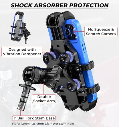 VAZESWIN Motorcycle Fork Stem Phone Mount [Vibration Dampener] [Anti-Shake] One-Handed Operation Motorcycle Cell Phone Holder, Fit 12mm-25.4mm Diameter Fork Stem Tube, for 5.4"-7.2" Smartphone