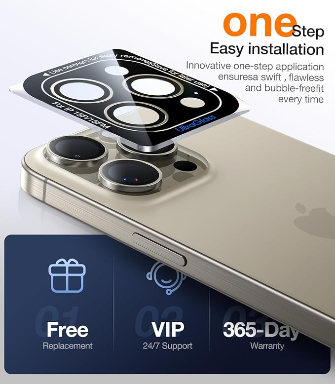 UltraGlass UNBREAK TOP 9H+ Glass for iPhone 15 Pro Max/15 Pro Lens Protector [Military Grade Shatterproof & Longest Durable] Camera Lens Protector Tempered Glass, Natural Titanium