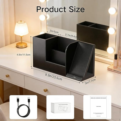 LADSTAG Makeup Brush Holder Organizer, Leather Makeup Brush Cup with Phone Charging Stand for Cosmetics, Nail Polish, Lipstick & Art Supplies – Vanity Desktop Bathroom Organizer