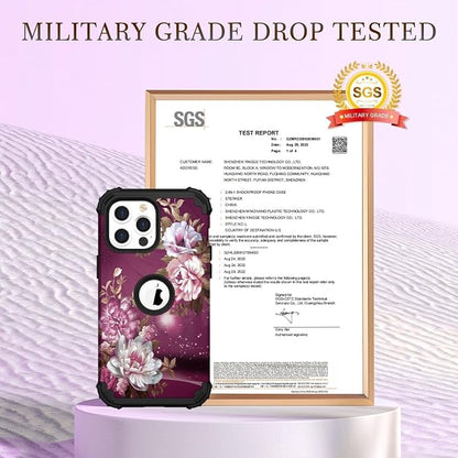 Hocase for iPhone 15 Pro Case, Heavy Duty Shockproof Protection Soft Silicone Rubber Bumper+Hard Plastic Hybrid Protective Case for iPhone 15 Pro 6.1" 2023 - Royal Purple Flowers