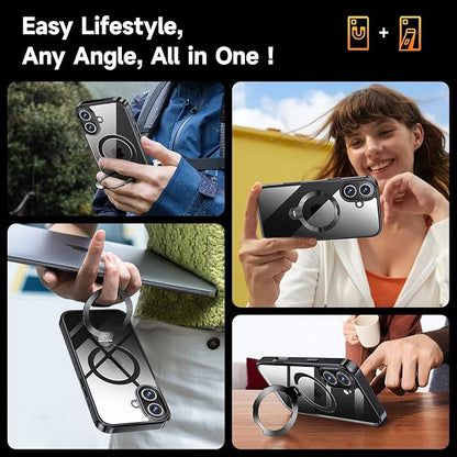 [Tri-Shield Protection] for iPhone 16 Plus Case with 360° Spin Stand Compatible with MagSafe [Magnetic CD Ring] [Screen & Camera Lens Protector] Shockproof Plating Never-Yellowing, Black-6.7"