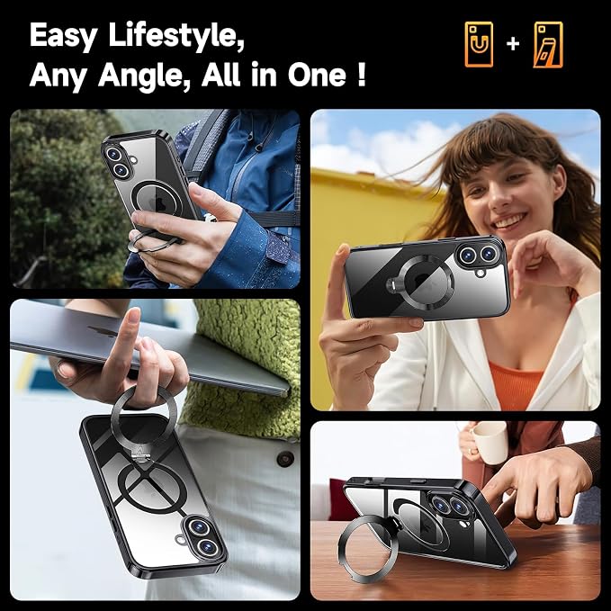 [Tri-Shield Protection] for iPhone 17 Case with 360° Spin Stand Compatible with MagSafe [Magnetic CD Ring] [Screen & Camera Lens Protector] Shockproof Plating Never-Yellowing, Black-6.3"