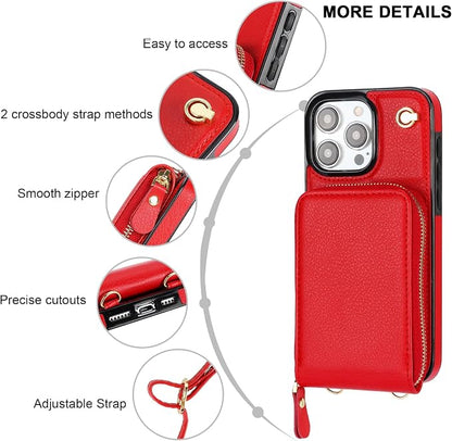 KIHUWEY Crossbody Wallet Case for iPhone 15 Pro Max, Zipper Pocket Case with Card Holder, PU Leather RFID Blocking Protective Cover with Kickstand and Detachable Wrist Strap Lanyard - 6.7" (Red)