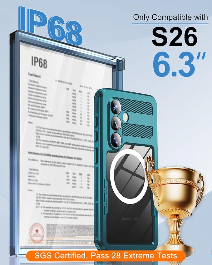 for Samsung Galaxy S26 Waterproof Case, [Fit for Magsafe] [IP68 Water Proof] [Built-in Screen Protector], Magnetic Heavy Duty Military Grade Rugged Phone Case for S 26 6.3", Teal