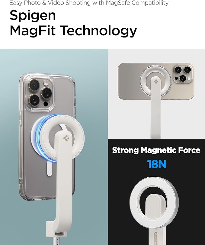 Spigen Selfie Stick Tripod Stand with Bluetooth Remote Control Shutter 24" Extendable Compatible with MagSafe iPhone 17/16/15/14/13/12 Pixelsnap Pixel 10 Series & More - Dune Beige (S571W)