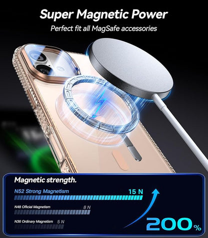 [Upgraded Full Camera Protection] for iPhone 17 Case with Camera Cover Stand [Fit for MagSafe][10FT Mil-Grade Protection] Transparent Magnetic iPhone 17 Phone Case, Clear Gold