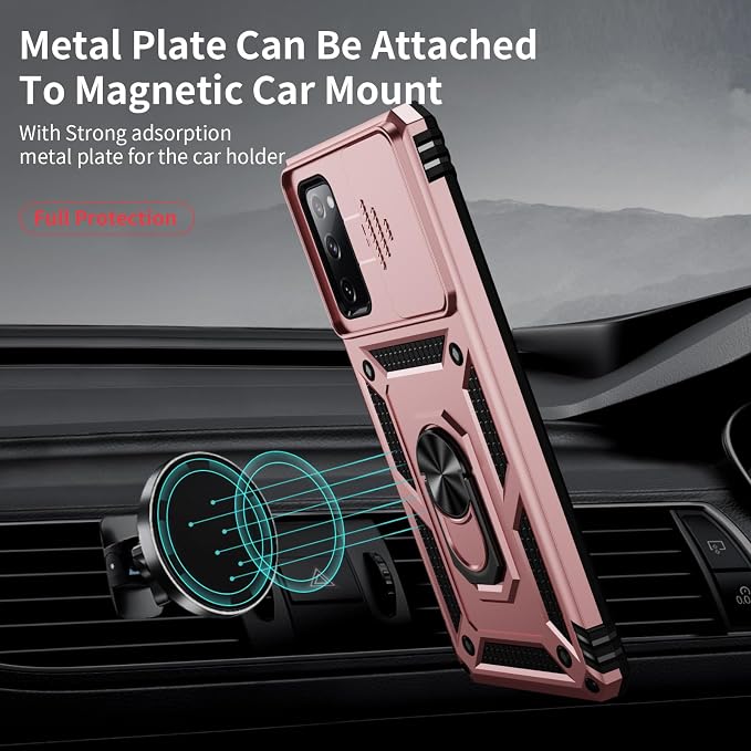 Weycolor for Samsung Galaxy S20 FE 5G Case with Camera Lens Cover, HD Screen Protector, 10 FT Military Grade Drop Protection, Magnetic Ring Holder Kickstand Protective Phone Case, Rose Gold
