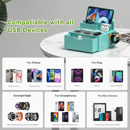 Pezin & Hulin Bamboo Charging Station for Multi Device, with Power Charger & Cables, Nightstand Docking Stand with Felt Pad Tray & Drawer, Compatible with Tablet, Cell Phone, Smart Watch-Teal