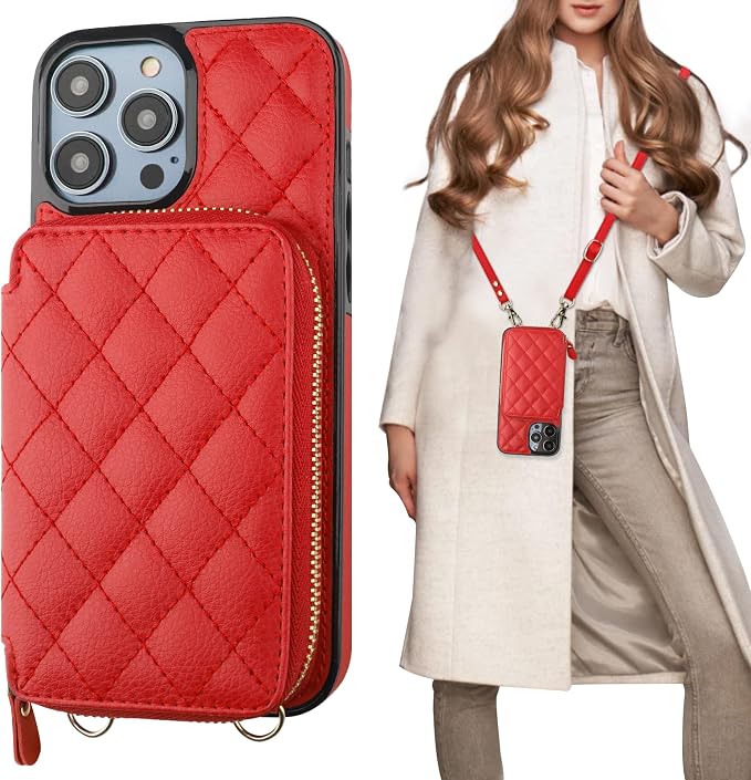 Bocasal Crossbody Wallet Case for iPhone 14 Pro Max, RFID Blocking PU Leather Zipper Handbag Purse Flip Cover, Kickstand Folio Case with Card Slots Holder Wrist Strap Lanyard 5G 6.7 Inch (Red)