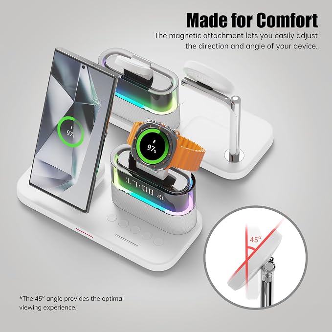 Magnetic Charger for Samsung, 5 in 1 Wireless Charging Station with Alarm Clock for Samsung Galaxy S25 Ultra/S24/S23/S22,Galaxy Watch 7/6/4/5,Galaxy Buds/Pro, White