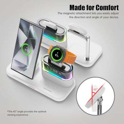 Magnetic Charger for Samsung, 5 in 1 Wireless Charging Station with Alarm Clock for Samsung Galaxy S25 Ultra/S24/S23/S22,Galaxy Watch 7/6/4/5,Galaxy Buds/Pro, White