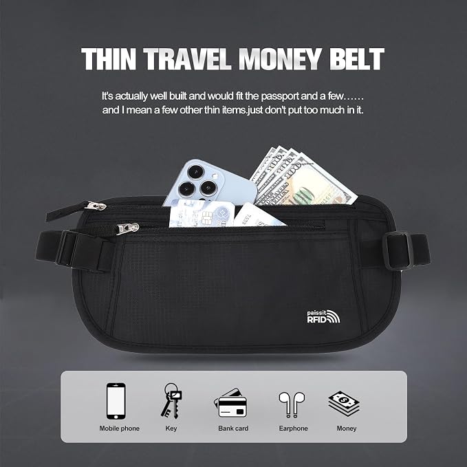 Unisex Money Belt For Men and Women, Slim Passport Holder RFID Blocking Travel Essentials Pouch with Adjustable Strap Small Waist Pouch for Workout Running Travelling Hiking (Black 2 Packs)