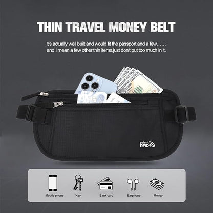 Unisex Money Belt For Men and Women, Slim Passport Holder RFID Blocking Travel Essentials Pouch with Adjustable Strap Small Waist Pouch for Workout Running Travelling Hiking (Black 2 Packs)