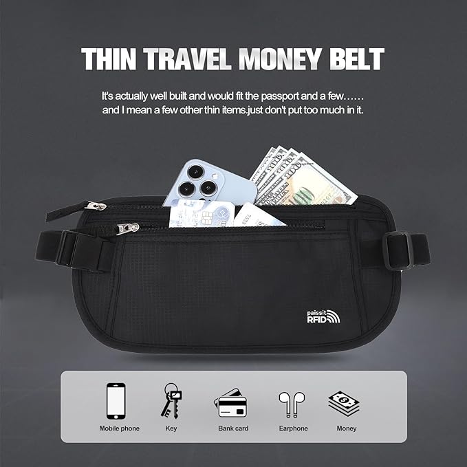 Unisex Money Belt For Men and Women, Slim Passport Holder RFID Blocking Travel Essentials Pouch with Adjustable Strap Small Waist Pouch for Workout Running Travelling Hiking, Black & Beige