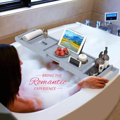 Domax Bathtub Caddy Tray Expandable Bamboo Tub Tray for Luxury Bath with Book Holder and Free Soap Dish (Gray, 29.4"-44.2"x 9.1"x1.65")