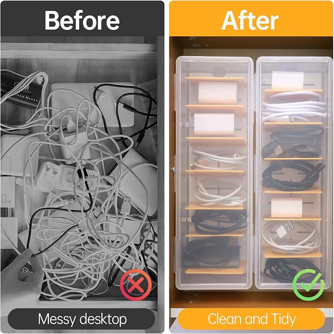 PAVSTINE Clear Cable Organizer Box with Lid and Adjustable Dividers | Customizable Compartments, Stackable for Space Saving, Fits Chargers, Cords & Accessories, Compact for Desk or Drawer