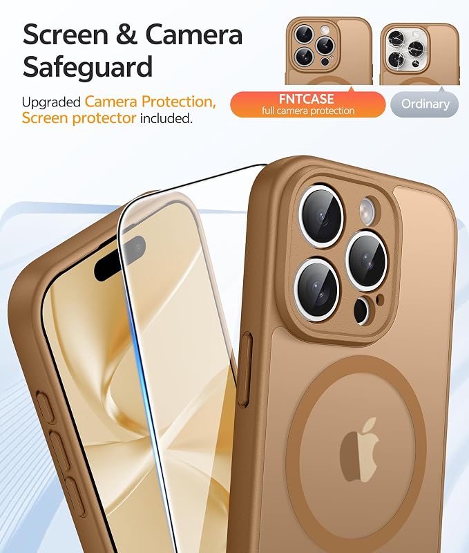 FNTCASE for iPhone 15 Pro Max Case: [Compatible with Magsafe] Translucent Matte Cases with [Full Camera Protection] [Screen Protector] Military Grade Shockproof Protective Phone Cover - Brown