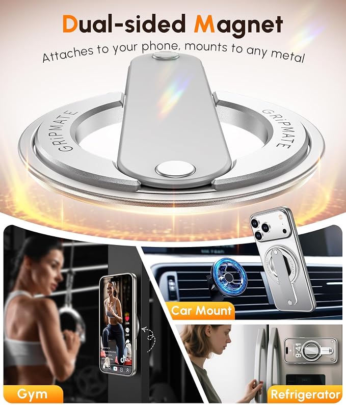 2nd Gen for Magsafe Phone Grip for iPhone - Strong Dual-Sided Magnetic Phone Ring Holder - Detachable, Comfortable Finger Loop Stand for iPhone 17 Pro Max 16 15/14/13/12 Series (Silver)