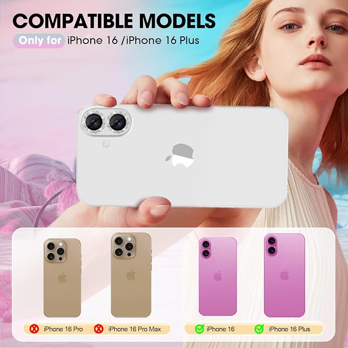 Xfilm for iPhone 16/16 Plus Camera Lens Protector Bling Individual Sun Design Diamond Ring 9H Hardness Scratchproof Protector, Stylish Phone Accessories, Case Friendly (Silver)