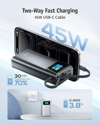 RORRY 45W Portable Charger, 20000mAh Power Bank, iPhone Battery Pack | Fast Charging, Extended Built-in USB C Cable, Smart Display, For iPhone 17/16/15, Galaxy, Pixel, iPad, Travel Essential