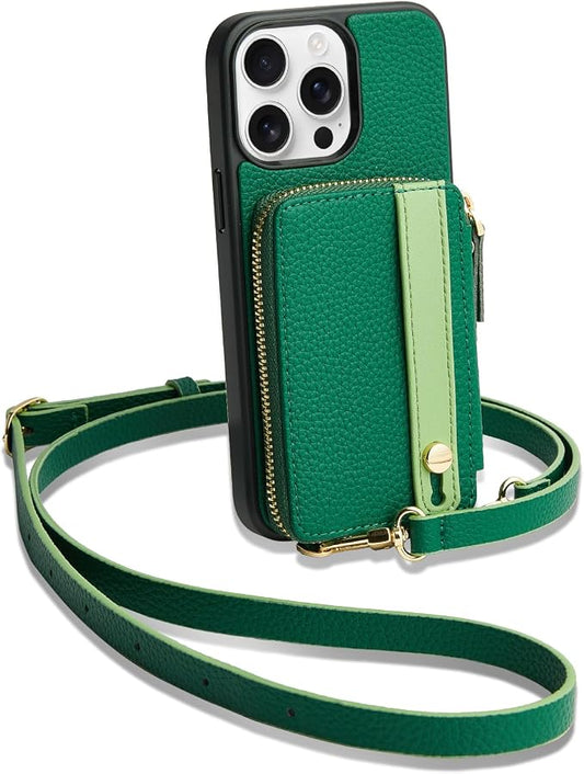 LAMEEKU for iPhone 15 Pro Max Wallet Case, Zipper Leather Card Slots Crossbody Case with Phone Grip Holder Stand Wrist Strap Lanyard for Women for iPhone 15 Pro Max 6.7 inch Dark Green