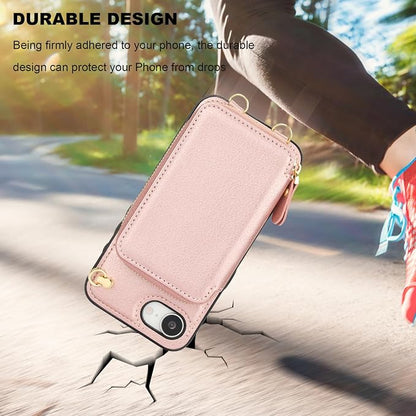 Bocasal Crossbody Wallet Case for iPhone 17e/16e, RFID Blocking Leather Purse Case with Card Holder, Protective Handbag Flip Cover with Zipper Wrist Strap Lanyard for Women 5G 6.1 Inch (Rose Gold)